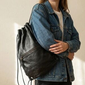 Marie Turnor‎ Black Pebbled Leather Drawstring Backpack Cinch Bag Goth Designer